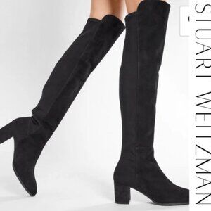 $750 Stuart Weitzman Gillian Black Suede Heel Knee High Boots w/elastic Back 7.5